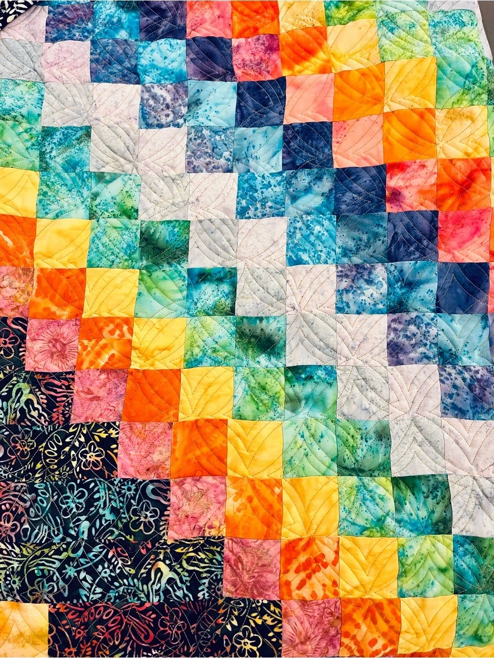 Handmade Multicolor Patchwork Quilt Bedspread - Vibrant Batik Rainbow Design